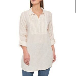 Cynthia Rowley Medium Tunic Top 100% Linen Pleat Button Offwhite Yellow Size M